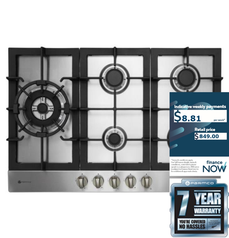 PARMCO 77CM S/S GAS HOB *NEW* 7YR WTY!