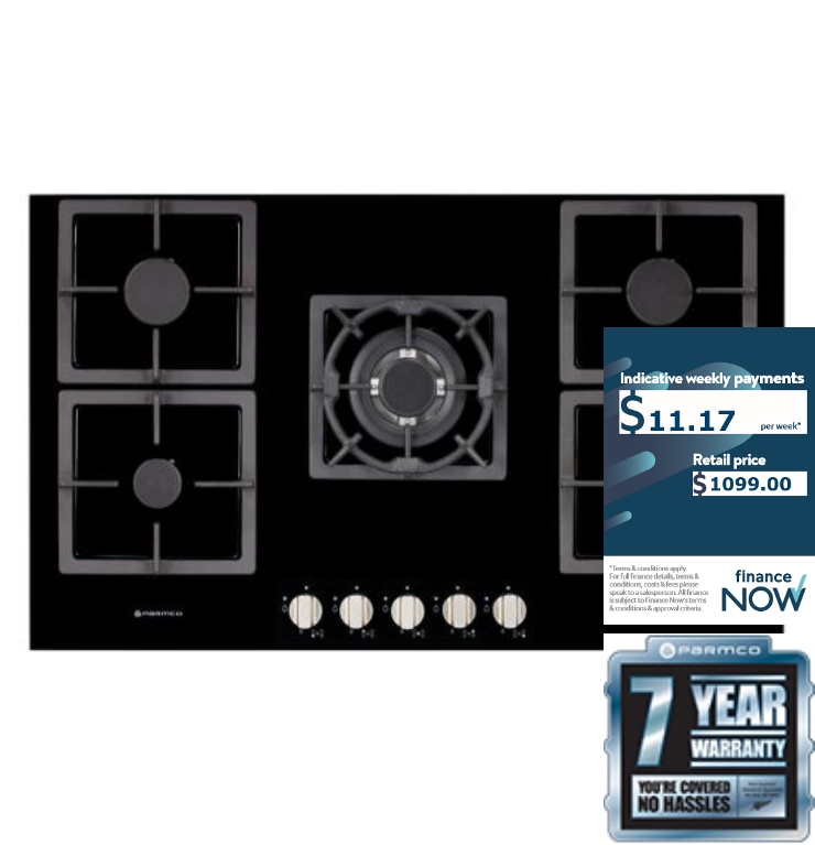 PARMCO 90CM BLK-GLASS GAS HOB *NEW* 7YR WTY!